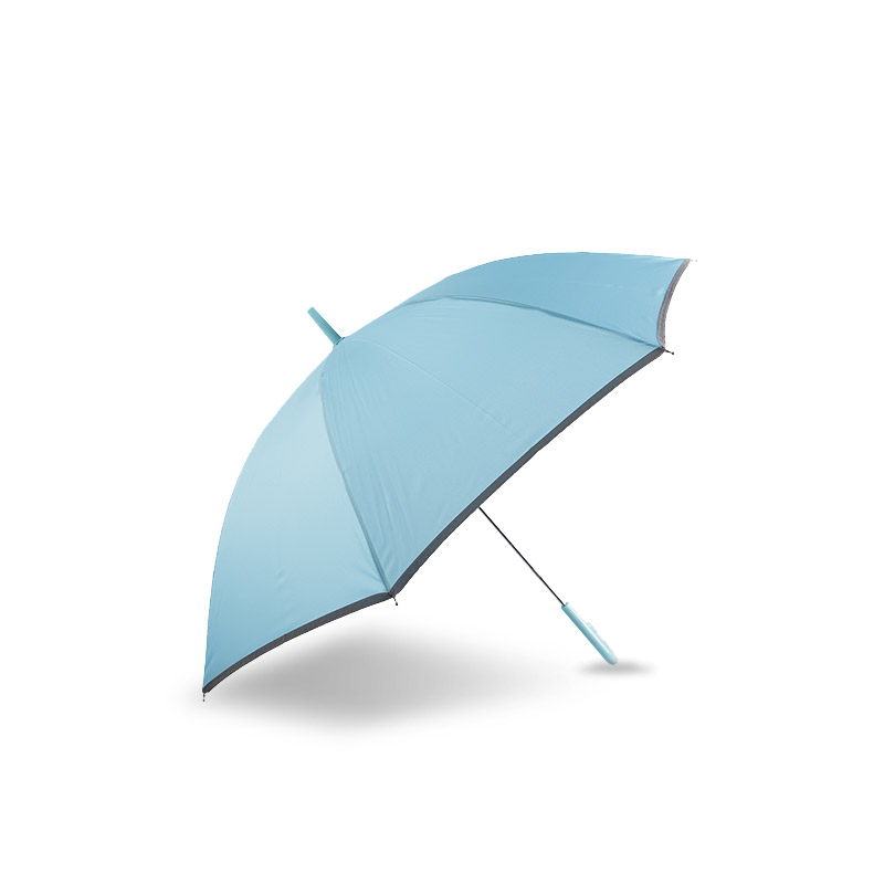 Liten fräsch ljusblå pongee, med reflekterande remsa rakt paraply-0E6B0037