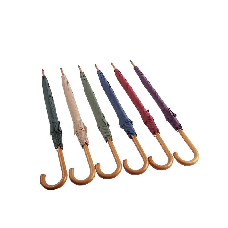 Lila trähandtag Pongee rakt paraply-0E6B0064